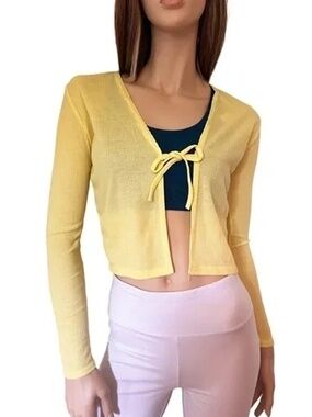 PrettyLittleThing Cardigan Sweater Yellow Lightweight Long Sleeve Front Tie NWOT